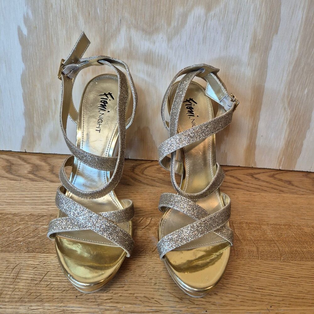 Fioni Night Womens 9.5 Gold Glitter Strappy Platform Stiletto Heels Sandals